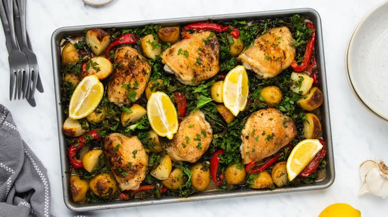 Sheet pan kale chicken thighs