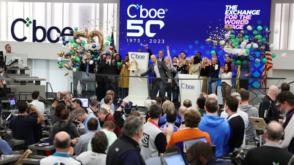 A bell is rung to celebrate the close of trading in the S&P options pit at the Cboe Global Markets exchange on April 26, 2023 in Chicago, Illinois. - Scott Olson/Getty Images