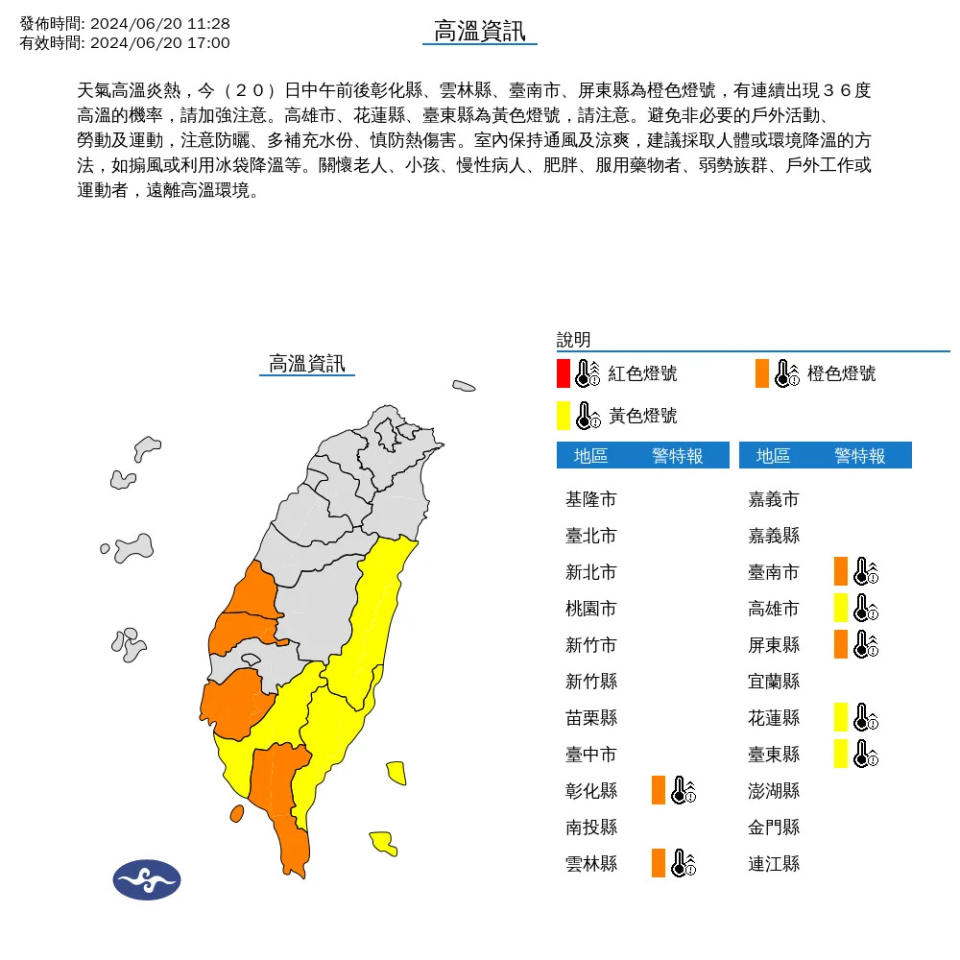 <strong>氣象署示警，共7縣市發布高溫特報。（圖／氣象署）</strong>