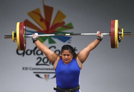 Weightlifting - Gold Coast 2018 Commonwealth Games - Women's +90kg - Final - Carrara Sports Arena 1 - Gold Coast, Australia - April 9, 2018. Feagaiga Stowers of Samoa competes. REUTERS/Paul Childs