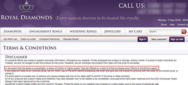 The disclaimer set out by Royal Diamonds. Photo: Royaldiamonds.com