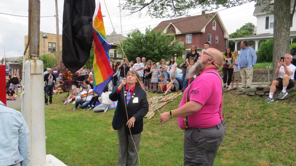 A gay pride parade is flown at the Boonton Elks Club during the Boonton Rainbow Pride event. June 12, 2021