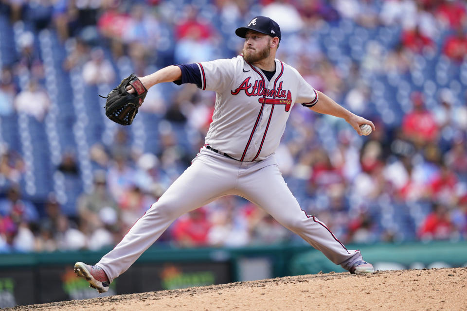 Atlanta Braves' Tyler Matzek pitches during the sixth inning of a baseball game against the Philadelphia Phillies, Wednesday, July 27, 2022, in Philadelphia. (AP Photo/Matt Slocum)