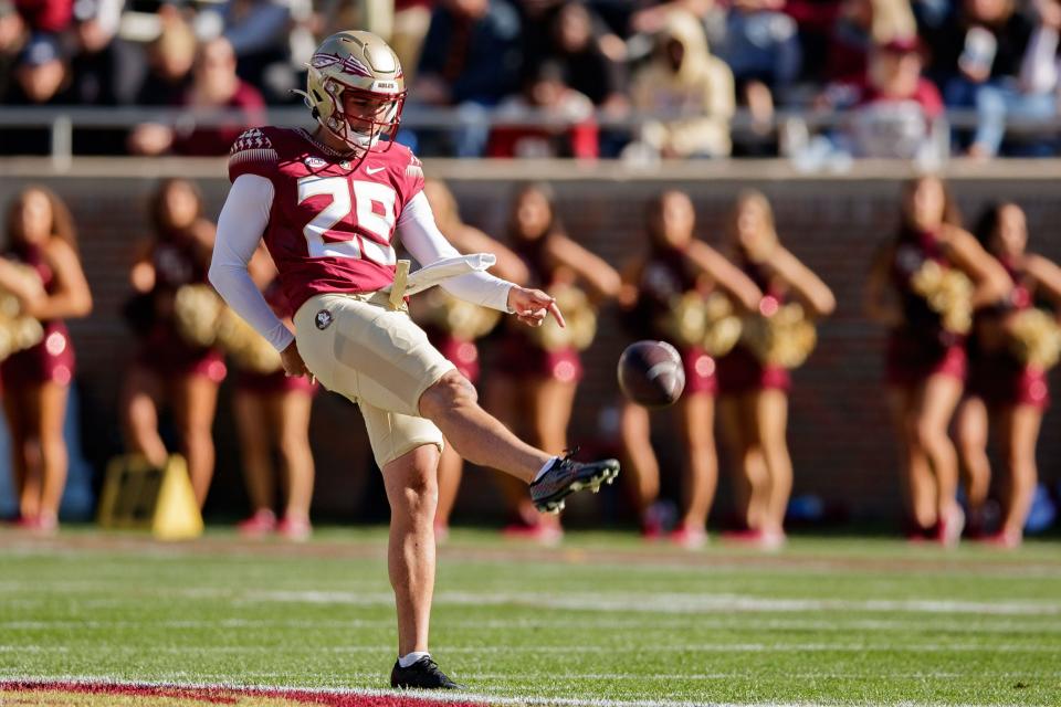 Florida State Seminoles punter Alex Mastromanno (29) kicks the ball down the field. The Florida State Seminoles hosted their annual Garnet and Gold spring game at Doak Campbell Stadium on Saturday, April 9, 2022.