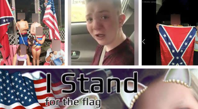 An activist tweeted a screenshot of Ms Jones' Facebook page with photos of family members holding a Confederate flag. Photo: Twitter