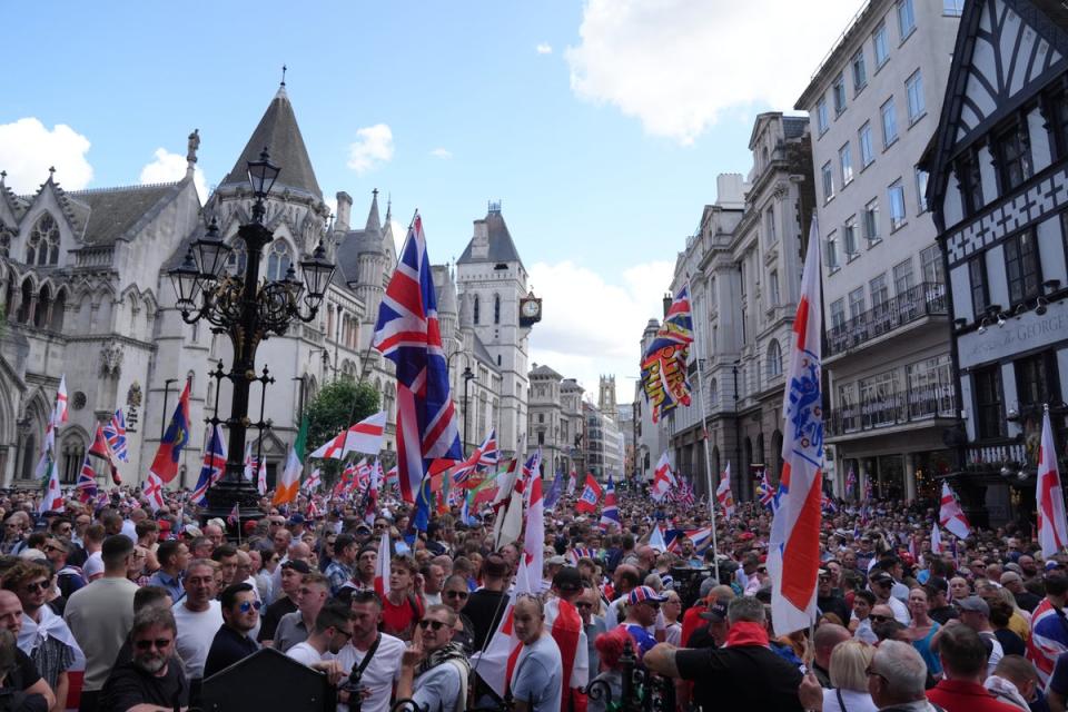 Thousands of protesters could be seen filling the Strand wearing clothing and holding flags depicting the Union, English, Scottish and Welsh flags (Maja Smiejkowska/PA Wire)