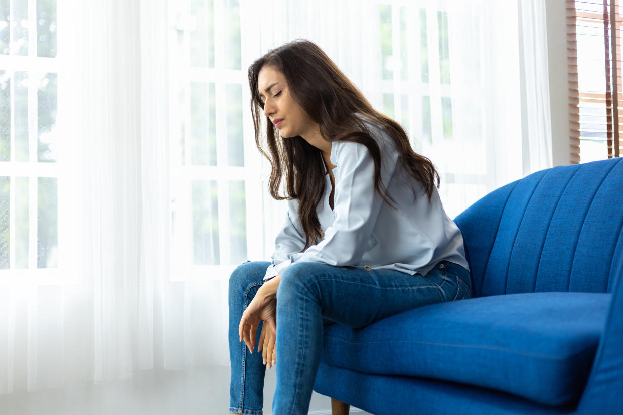 caucasian woman psychological problem feeling anxiety depression. Her face showed Sad and worried. Unhappy and thinking of grief troubled with different problems in life. difficult period