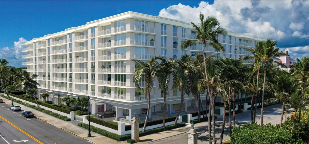 A rendering depicts proposed exterior renovations to the oceanfront Winthrop House condominium building at 100 Worth Ave. Palm Beach architectural commissioners on June 26 asked for revisions to the proposal and suggested restoring at least some of the original red-brick accents.