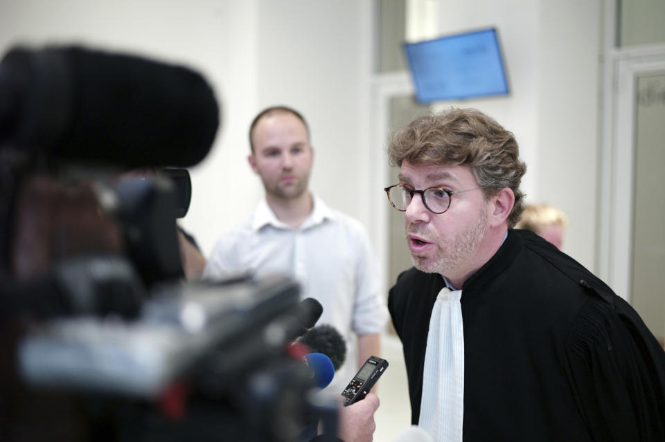 Lawyer of Saudi Princess Hassa bint Salman, Emmanuel Moyne, speaks to the press at the courthouse in Paris, Thursday, Sept. 12, 2019. The only daughter of Saudi Arabia's King Salman has been found guilty by a Paris court of charges that she ordered her bodyguard to detain and strike a plumber for taking photos at the Saudi royal family's apartment in the French capital. (AP Photo/Thibault Camus)