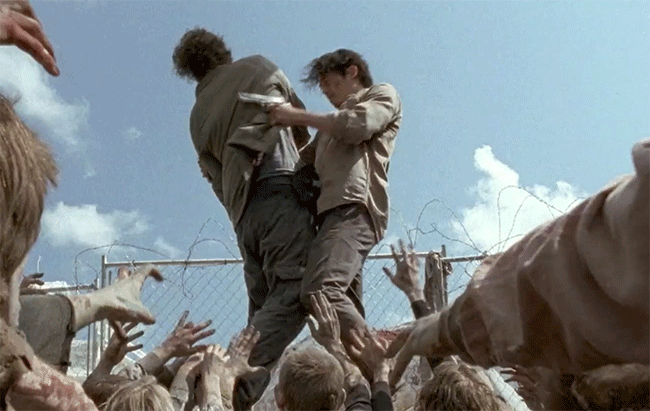 <p><b>Season 6, “Thank You”</b><br>Glenn was a softie, a guy who genuinely believed people were worthy of second and — in Nicholas’s case — third and fourth chances. That’s how he ended up at the end of an alley, on top of a Dumpster, surrounded by hangry walkers, with Nicholas as his companion. Not ideal circumstances, to say the least. But things went from bad to nearly deadly for Glenn when cowardly Nicholas thanked Glenn for giving him a chance to redeem himself, then shot himself in the head. The blast propelled Nicholas towards Glenn, and the weight of his body pulled Glenn down into the middle of the chomping horde, where, for three episodes, many viewers assumed Glenn was zombie chow.<br><br>(Image: AMC) </p>