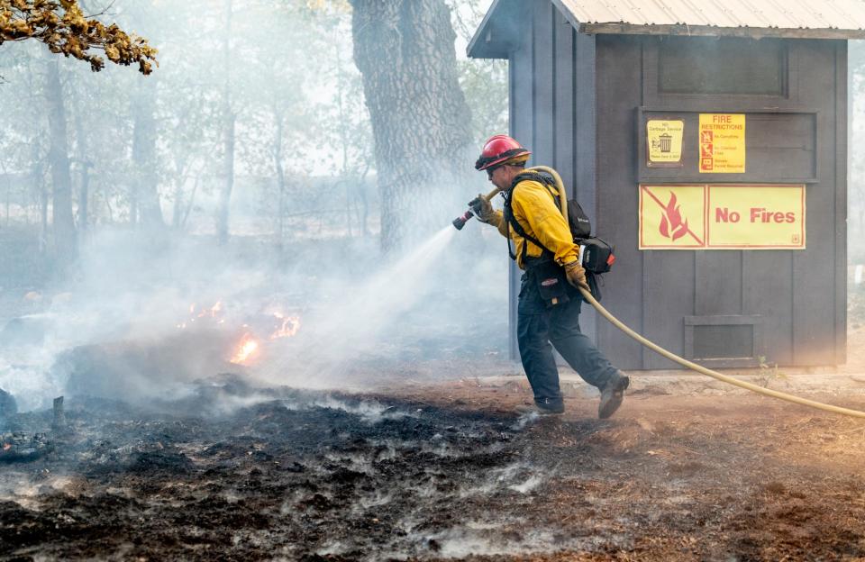 Tulare County Fire Department works in Forks of the Kern Trailhead during the Sequoia Fire on Thursday, August 27, 2020. The Sequoia Fire has burned more than 20,000 acres in the Golden Trout Wilderness area.