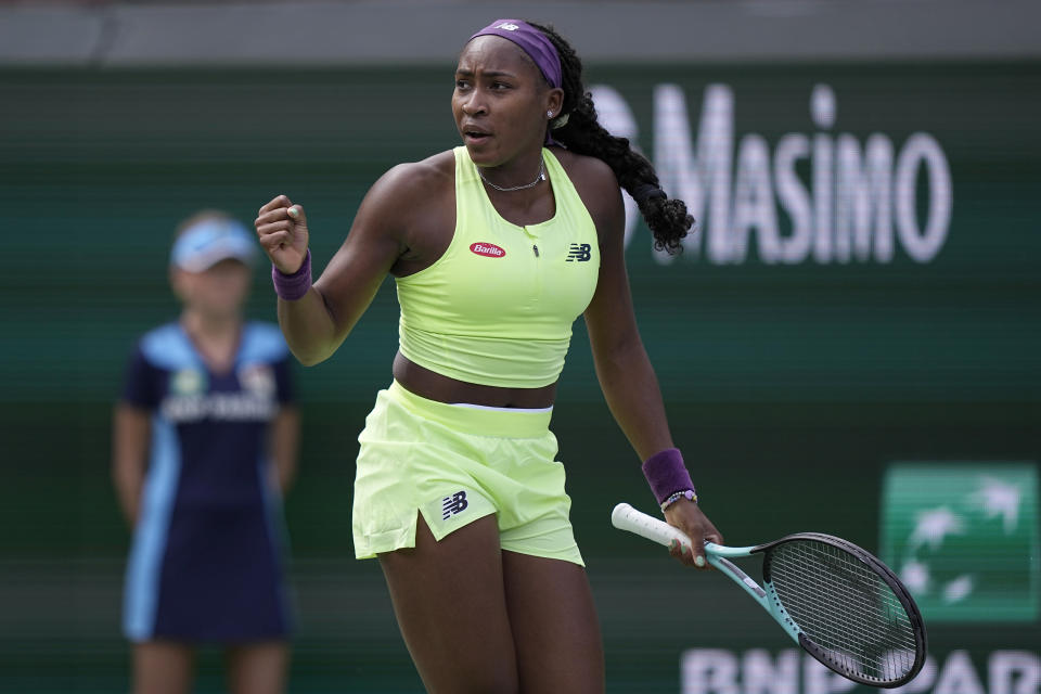 Coco Gauff, of the United States, reacts during her match against Lucia Bronzetti, of Italy, at the BNP Paribas Open tennis tournament, Monday, March 11, 2024, in Indian Wells, Calif. (AP Photo/Mark J. Terrill)