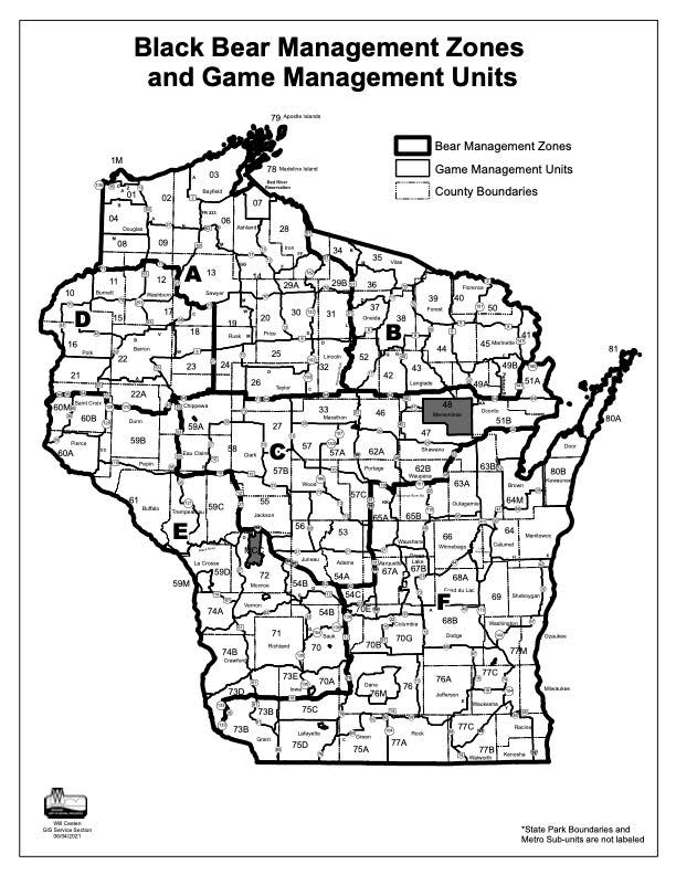 Wisconsin has six black bear management zones, designated A through F. The DNR instituted the six-zone system in 2021; it previously divided the state into four bear zones.