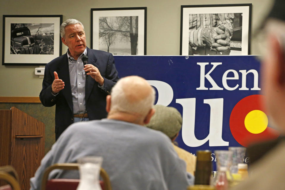 In this Jan. 24, 2014 photo, Weld County District Attorney Ken Buck, seen as the front-runner in the GOP primary for the upcoming U.S. Senate race, speaks to supporters during a campaign dinner event at Johnson's Corner, a truck stop and diner in Johnstown, Colo. Buck narrowly lost a 2010 Senate bid after being hammered for statements that angered some women and gays. Now his candidacy will be a test of whether a tea party favorite can do better in 2014. (AP Photo/Brennan Linsley)