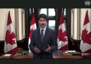 In this photo made from UNTV video, Justin Trudeau, Prime Minister of Canada, speaks in a pre-recorded message which was played during the 75th session of the United Nations General Assembly, Wednesday, Sept. 23, 2020, at UN Headquarters. (UNTV Via AP )