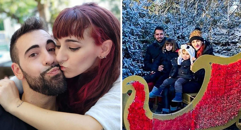 Half-siblings Ana and Daniel Parra kissing and with their two children