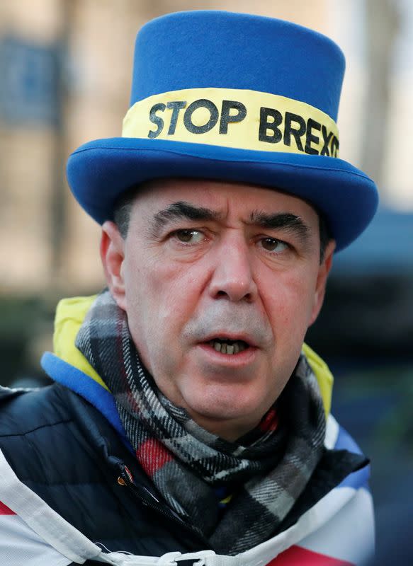 Westminster protester and anti Brexit activist Steve Bray speaks during a Reuters interview near the Parliament Buildings in Westminster, London