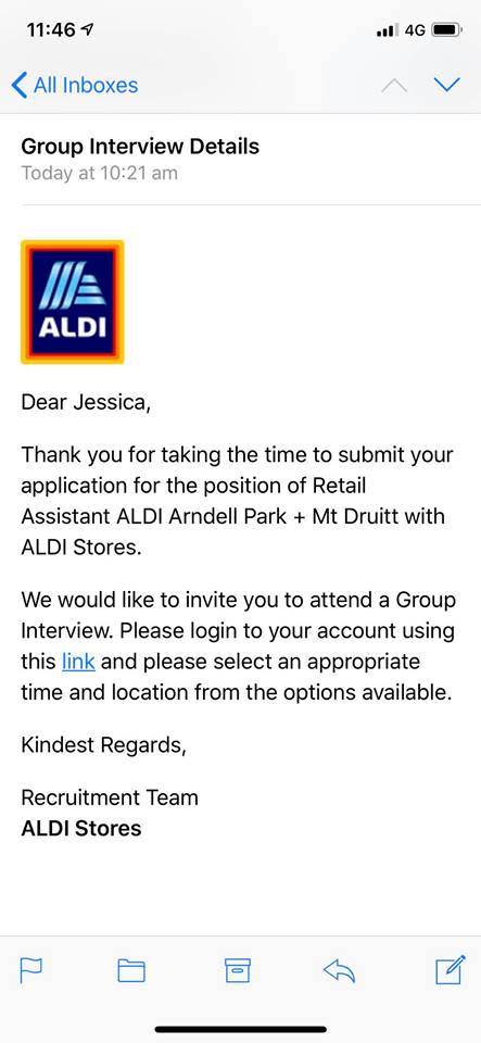 Jessica Irving rejected her job rejection letter from Aldi. And got an interview. Source: Supplied