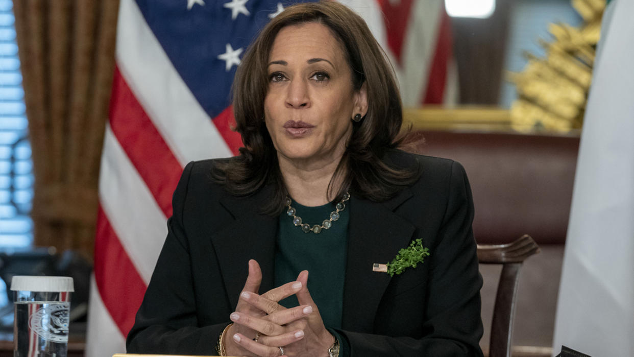 U.S. Vice President Kamala Harris speaks while meeting virtually with Micheál Martin, Ireland's prime minister, not pictured, in Washington, D.C. on Wednesday, March 17, 2021. (Ken Cedeno/CNP/Bloomberg via Getty Images)