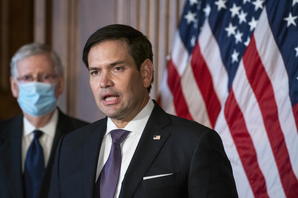 Senator Marco Rubio, a Republican from Florida, speaks during a news conference with Republican Senators at the U.S. Capitol in Washington, D.C., U.S., on Monday, July 27, 2020. (Sarah Silbiger/Bloomberg via Getty Images)