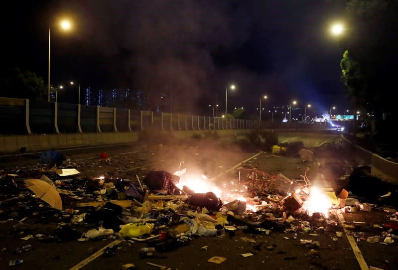 Protesters block Tolo Highway outside Chinese University campus in Hong Kong