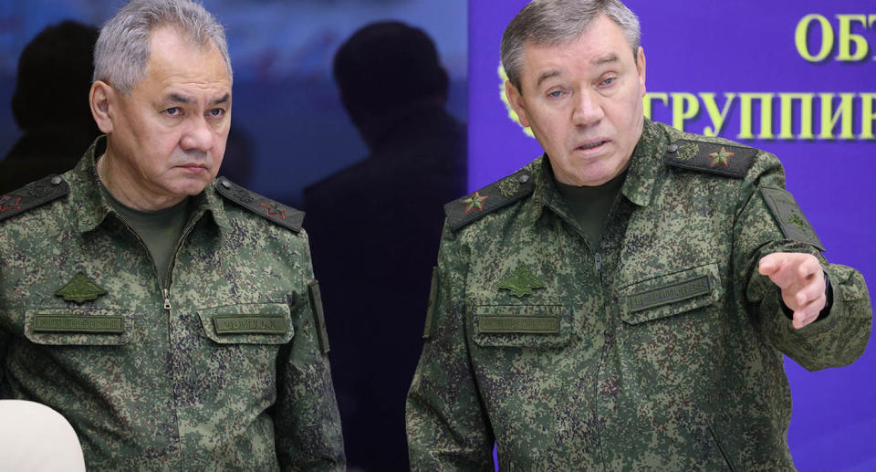 FILE - Russian Defense Minister Sergei Shoigu, left, and Chief of the Russian General Staff Valery Gerasimov attend the meeting with Russian President Vladimir Putin during his visit to the joint staff of troops involved in Russia's military operation in Ukraine, at an unknown location, Saturday, Dec. 17, 2022. The chief of the military's General Staff, Gen. Valery Gerasimov, was named the new chief of the Russian forces in Ukraine. (Gavriil Grigorov, Sputnik, Kremlin Pool Photo via AP, File)