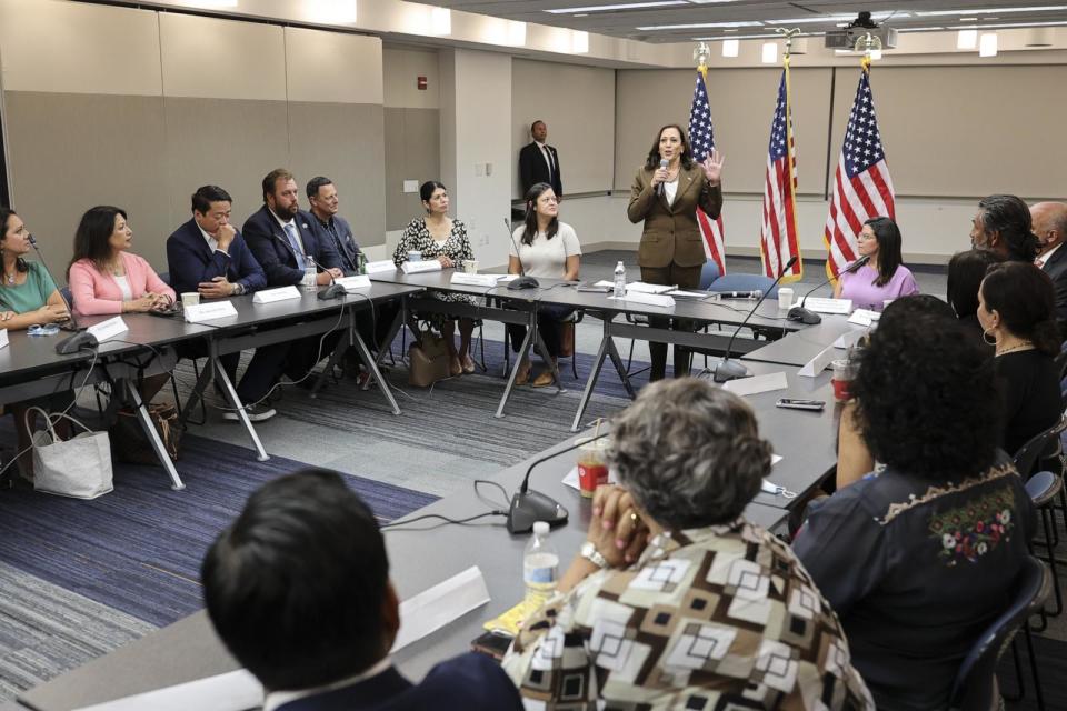 PHOTO: Vice President Kamala Harris speaks while meeting with Texas legislators in Washington, D.C., July 13, 2021 (Oliver Contreras/Bloomberg via Getty Images)
