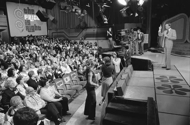 Bob Barker addresses the crowd and contestants on 