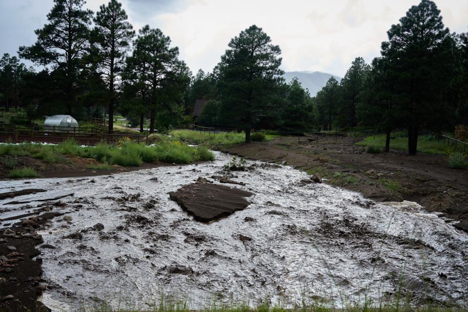 Rain water rushes down the landscape between houses in the Timberline neighborhood in Flagstaff on Aug. 15, 2022. A flash flood warning was issued in the area by the National Weather Service.