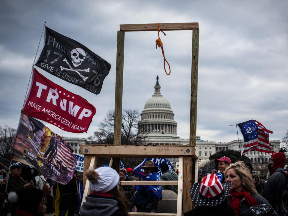 Trump supporters with a gallows outside the  U.S. Capitol on January 6, 2021 in Washington, D.C. The protesters stormed a joint session of Congress intended to ratify the election of Joe Biden as President. Five people, including a Capitol Police officer, have died as a result of the siege. / Credit: Shay Horse/NurPhoto via Getty Images