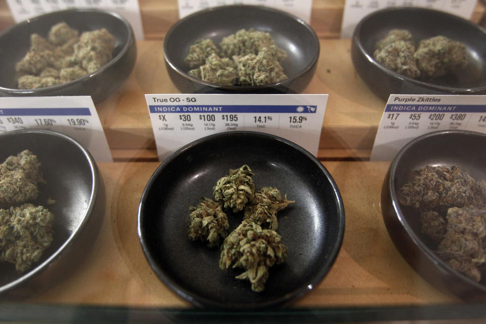 <p>Different types of marijuana sit on display at Harborside marijuana dispensary, Monday, Jan. 1, 2018, in Oakland, Calif. (Photo: Mathew Sumner/AP) </p>