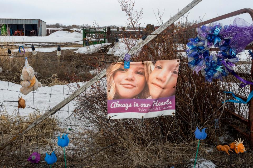 PHOTO: A picture of Tylee Ryan and J.J. Vallow is seen on a fence opposite the property where their bodies were found in 2020, on April 4, 2023 in Rexburg, Idaho.  (Natalie Behring/Getty Images)