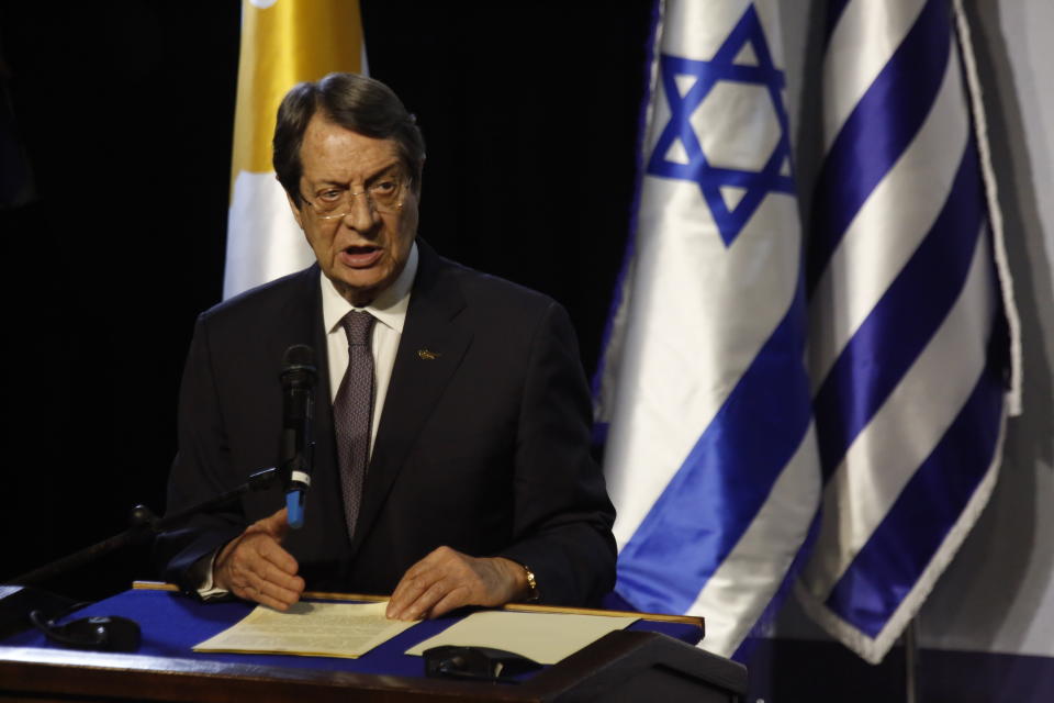 Cypriot President Nicos Anastasiades speaks during the 5th trilateral summit with Israel, Greece and Cyprus in the southern Israeli city of Beersheba, Thursday, Dec. 20, 2018. (AP Photo/Ariel Schalit)