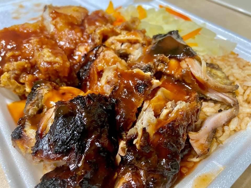 At Mr. Mack Island Grill, the specialty is jerk chicken.