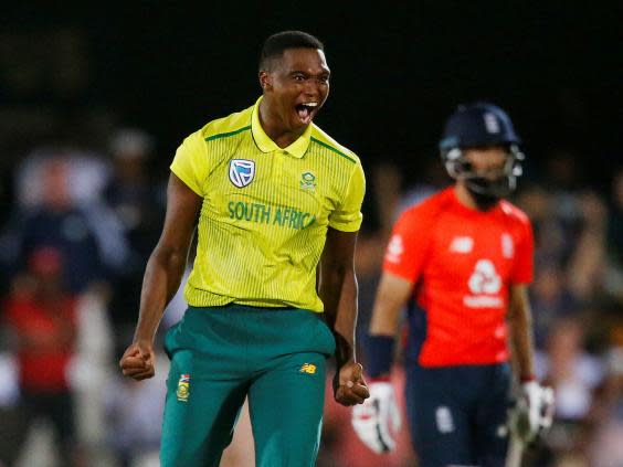 Lungi Ngidi celebrates the wicket of England’s Moeen Ali (Reuters)