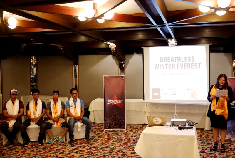 Halung Dorchi Sherpa, Pasang Nurbu Sherpa, Ming Temba Sherpa and Tashi Lakpa Sherpa attend a news conference organised before heading to attempt the record for the winter Everest expedition in 5 days, in Kathmandu