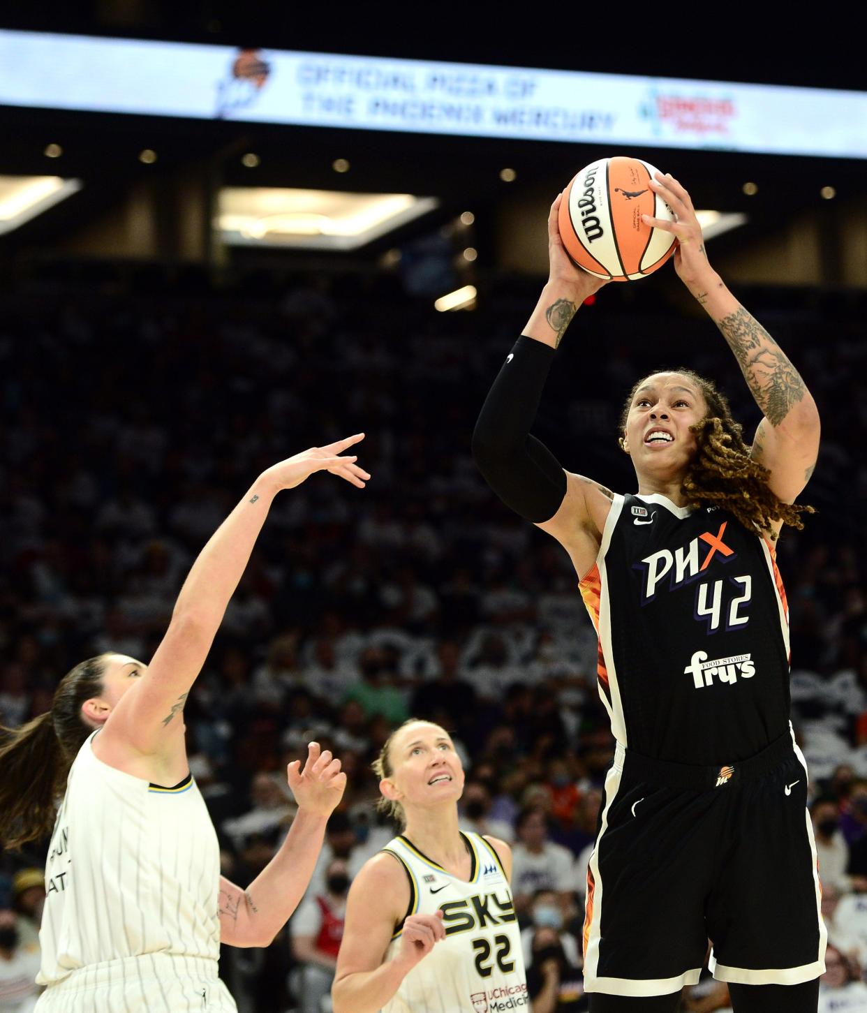 Oct 10, 2021; Phoenix, Arizona, USA; Phoenix Mercury center Brittney Griner (42) shoots against the Chicago Sky during the second half of game one of the 2021 WNBA Finals at Footprint Center.