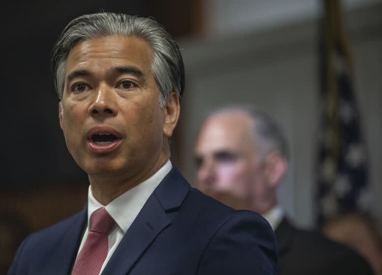 PASADENA, CA-OCTOBER 7, 2022: California Attorney General Rob Bonta announces the arrest of 56 individuals involved in a scheme resulting in the theft of nearly $5 million from hundreds of people in a widespread mail theft and postal fraud operation. The suspects, who operated out of multiple counties across California, including Los Angele County, allegedly altered stolen checks, deposited them into bank accounts, then quickly withdrew money from ATMs before the banks discovered the checks were forged. The California Department of Justice charged the suspects with felony grand theft, money laundering, and conspiracy. Press conference was held at the United States Postal Inspection Service in Pasadena. (Mel Melcon / Los Angeles Times)