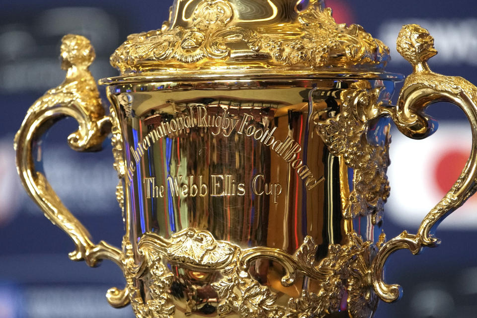 The Webb Ellis Cup is on display during a press conference in Paris, Monday, Sept. 4, 2023, ahead of the France 2023 Rugby World Cup. (AP Photo/Christophe Ena)