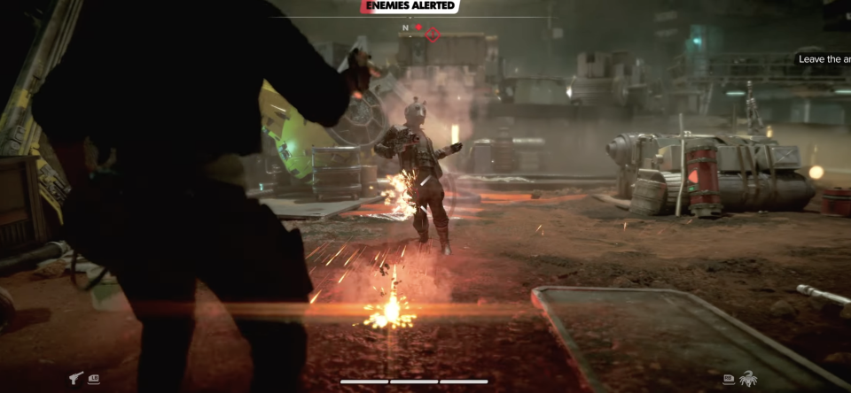 a screenshot from the Star Wars: Outlaws game footage trailer with Kay shooting an enemy