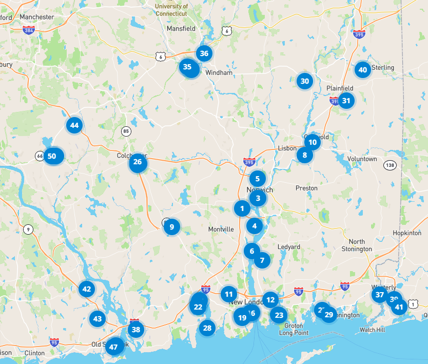 A screenshot of an interactive "vaccine finder" map on the Centers for Disease Control's www.vaccines.gov website shows fifty locations within 50 miles of Norwich where COVID-19 vaccinations -- both primary shots and boosters -- are available.