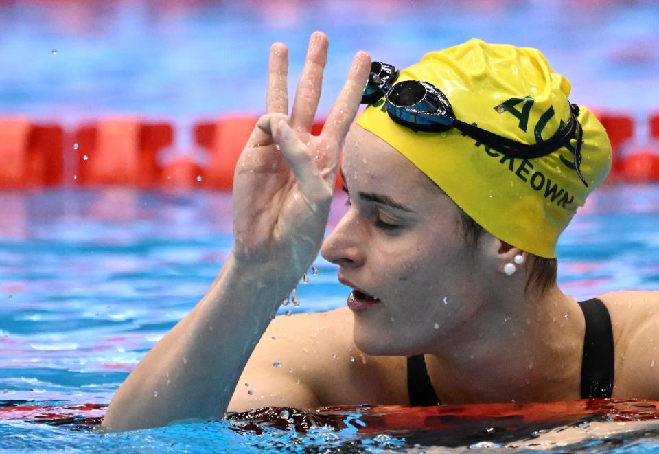 Australia's golden girl now holds the world records in the 50m, 100m and 200m backstroke, making her only the second woman to ever hold the world records of a singular stroke at each distance range. Image: Getty
