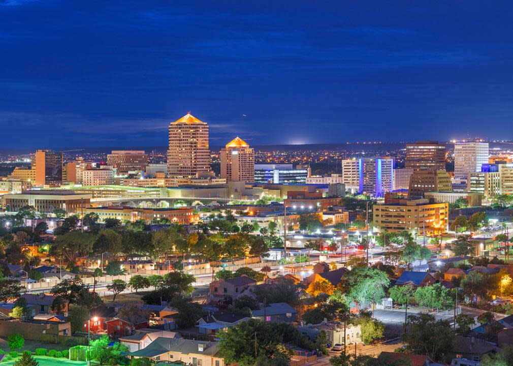 A view of Albuquerque, New Mexico's skyline in the evening.