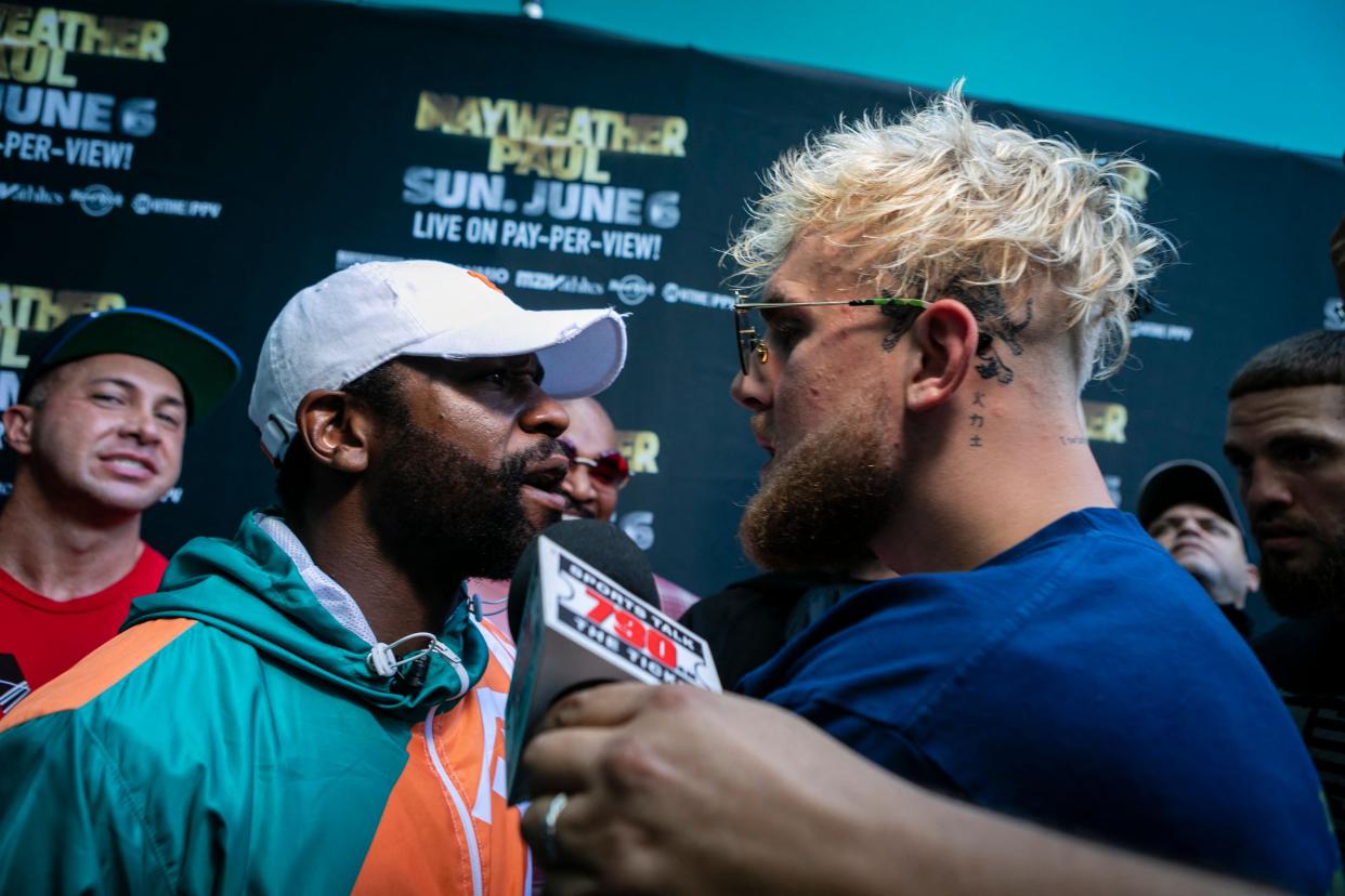 <p>Jake Paul brawled with Floyd Mayweather at a press conference ahead of his brother’s upcoming fight </p> (AFP via Getty Images)