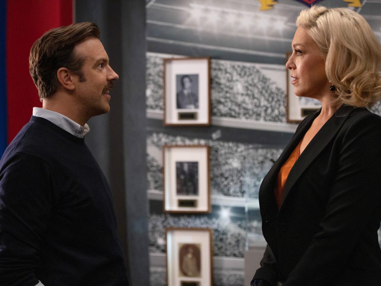 Jason Sudeikis and Hannah Waddingham on season one, episode one of "Ted Lasso."