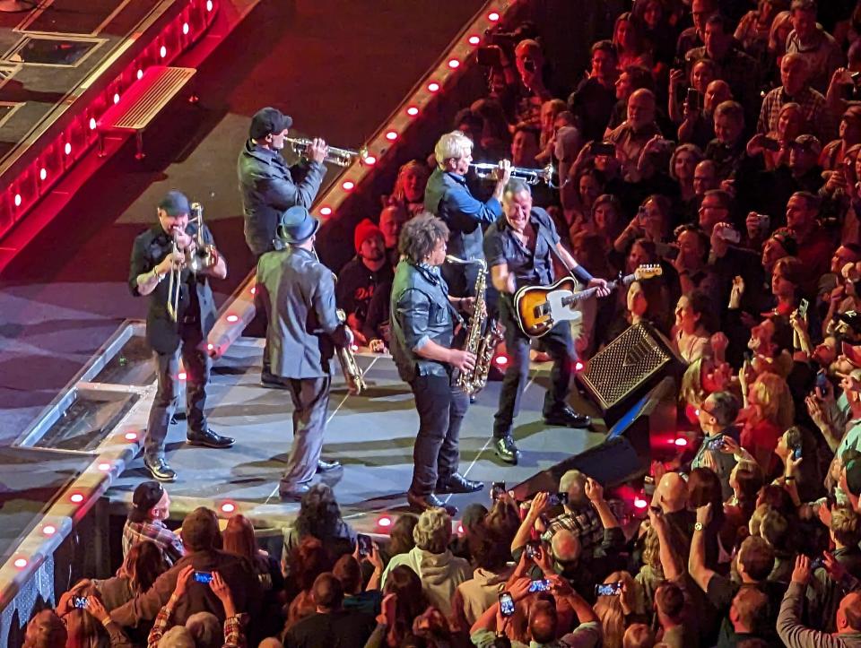 Bruce Springsteen brought the horn section down front, onto the stage extension, during horn-heavy songs such as "E Street Shuffle," "Kitty's Back" and "10th Avenue Freeze-Out," during the Friday, Feb. 3, 2023 concert in Atlanta. That was just the second date on this tour, the first in six years for Springsteen and his E Street Band.