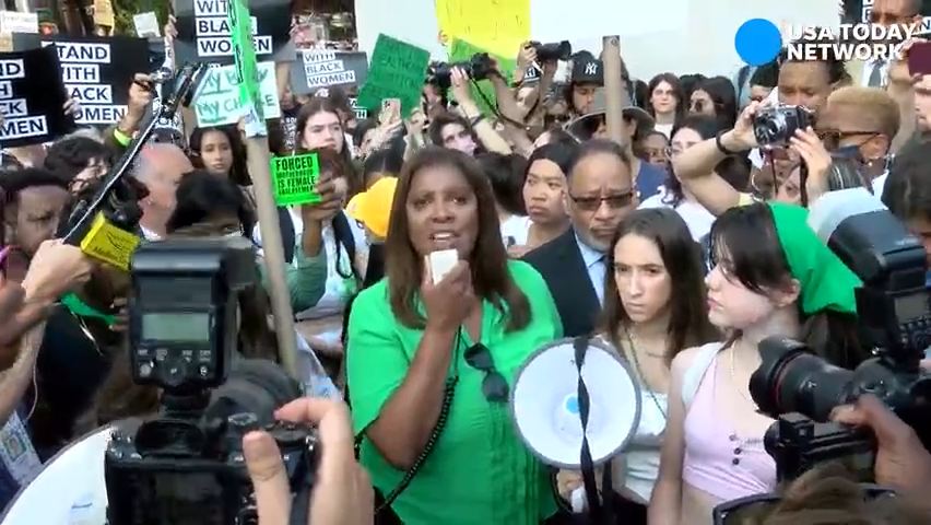 NY Attorney General Letitia James speaks to abortion rights protestors gathered in New York City's Washington Square Park in 2022. On Thursday, she announced a lawsuit against anti-abortion group Red Rose Rescue and several of its members.