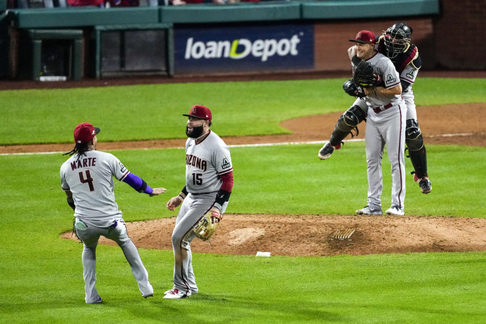 The Arizona Diamondbacks celebrate their win against the Philadelphia Phillies in Game 7 of the baseball NL Championship Series in Philadelphia Tuesday, Oct. 24, 2023. (AP Photo/Matt Rourke)