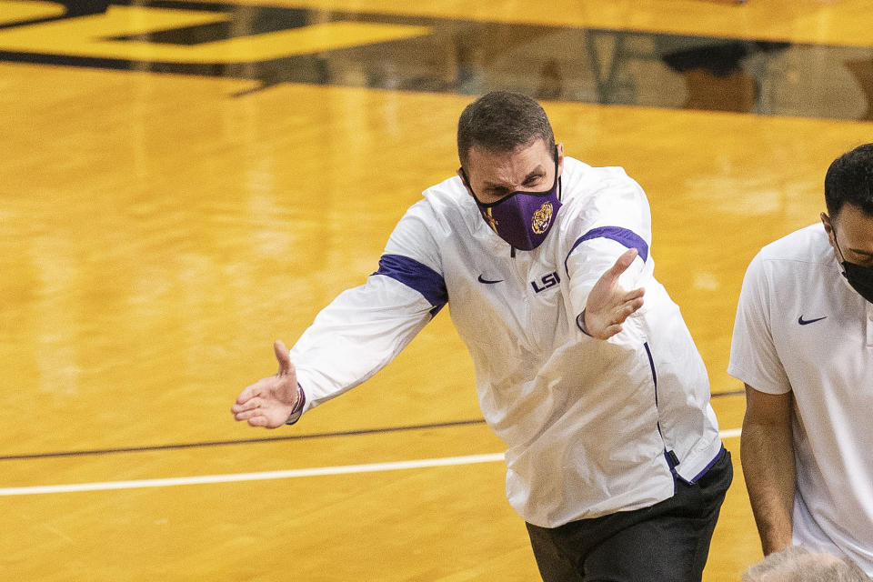 LSU head coach Will Wade argues a call during the first half of an NCAA college basketball game against Missouri Saturday, March 6, 2021, in Columbia, Mo. (AP Photo/L.G. Patterson)