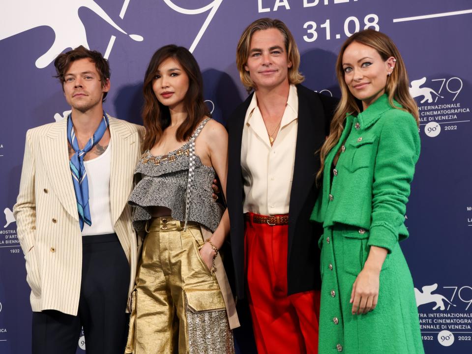 From left: Harry Styles, Gemma Chan, Chris Pine, and Olivia Wilde posing at the Venice Film Festival in September 2022.